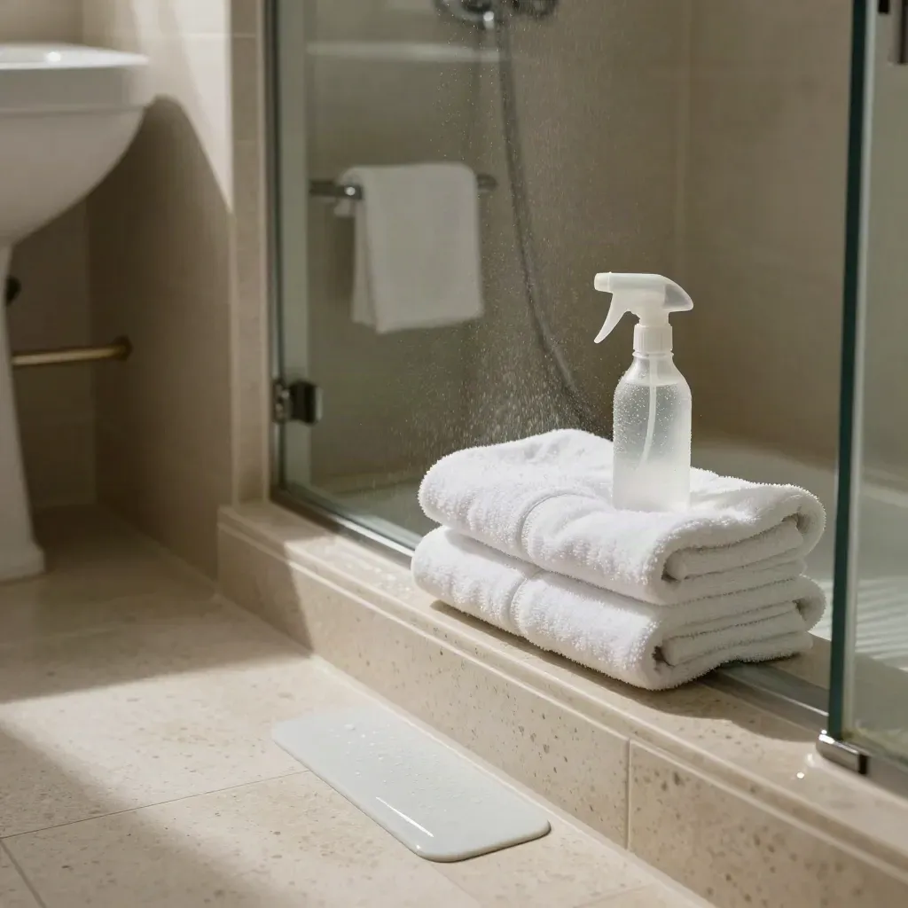 Soglia di bagno d’hotel sanificata, asciugamani piegati, spruzzino e luce calda naturale.