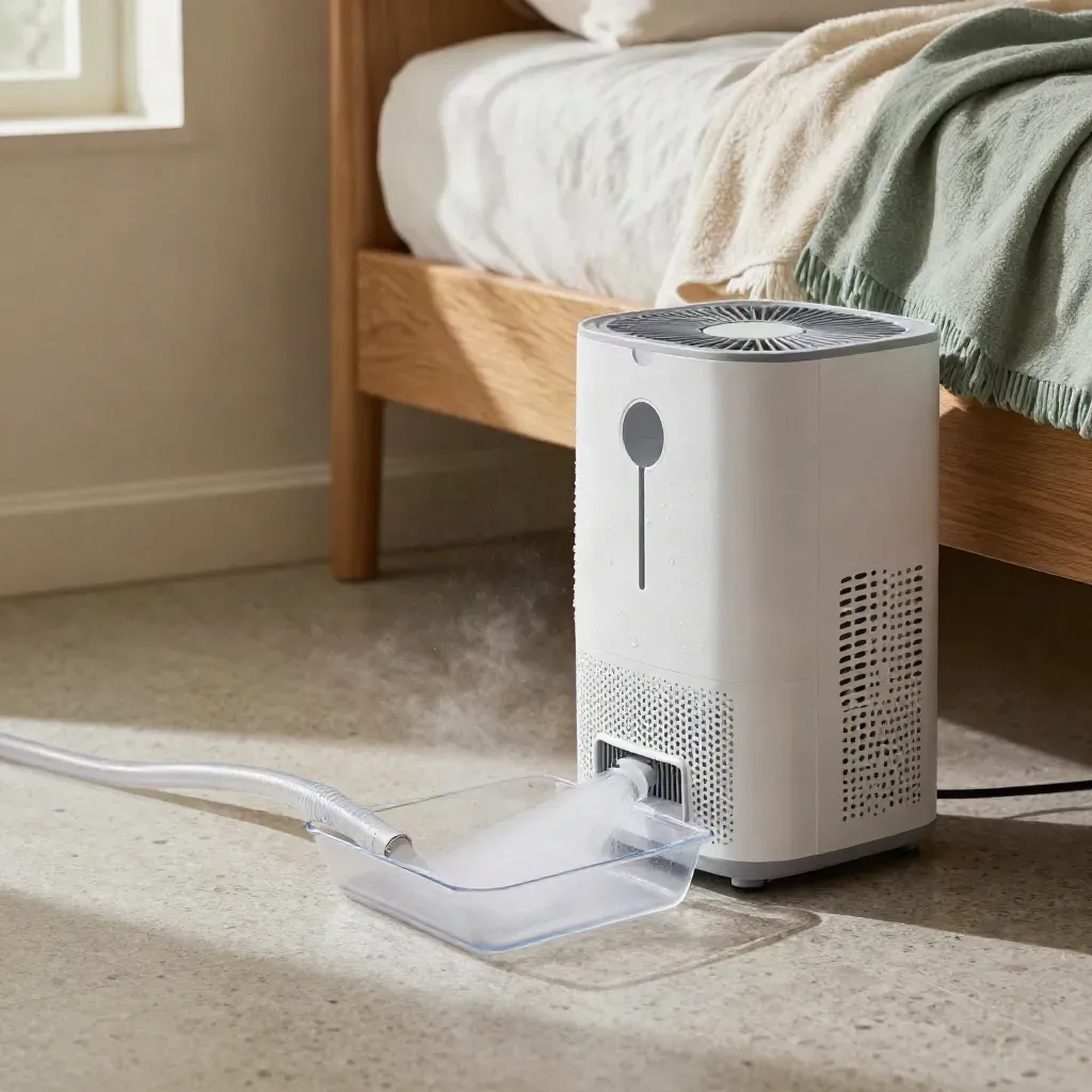 Deumidificatore con vaschetta trasparente e vapore leggero accanto al letto.