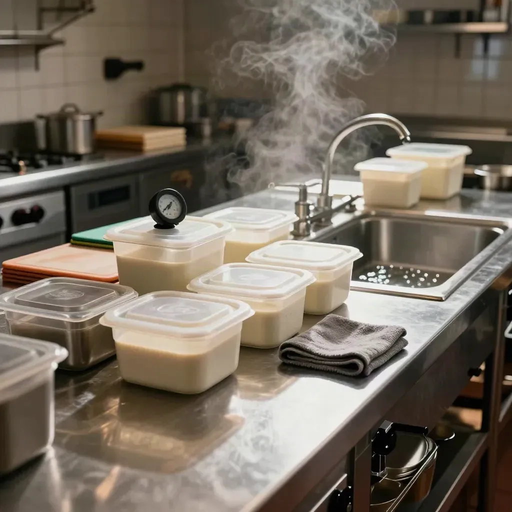 Banco inox da cucina con contenitori coperti, termometro e taglieri, pronto al servizio.