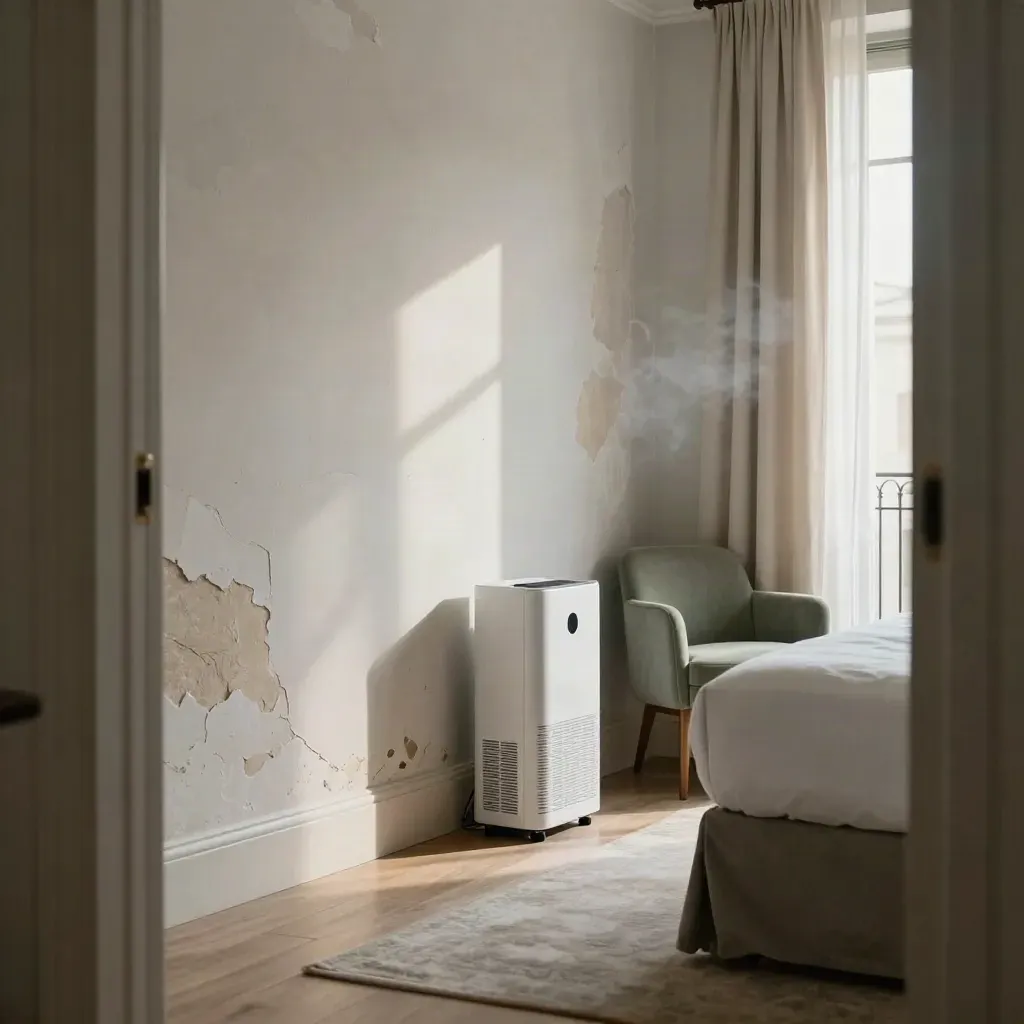 Suite d’hotel restaurata con deumidificatore e parete asciutta, luce del mattino.