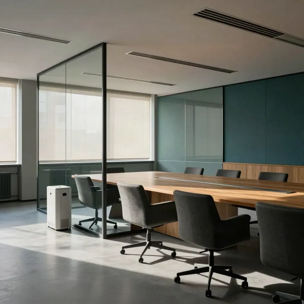 Sala riunioni vuota e luminosa con diffusori, purificatore e tavolo in legno lucido.