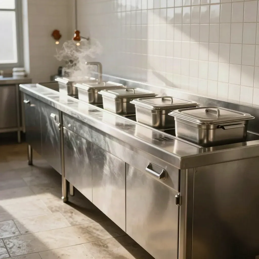 Linea cucina in acciaio, contenitori chiusi e vapore caldo in un ambiente audit-ready.