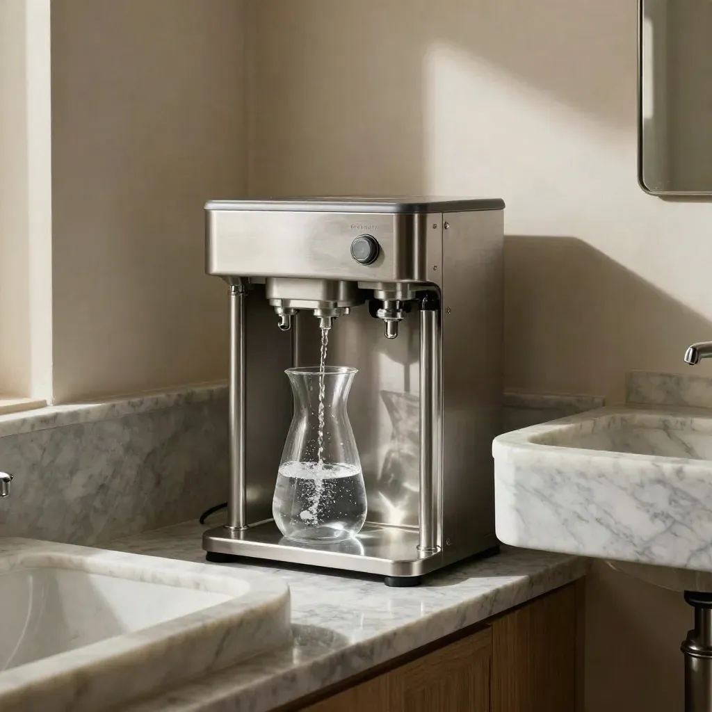 Nook di villa con filtri acqua, tubi trasparenti, caraffa in vetro e lavello in marmo.