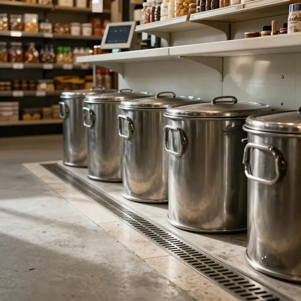 Dispensa di ristorante con contenitori sigillati, trappole discrete e luce di monitor