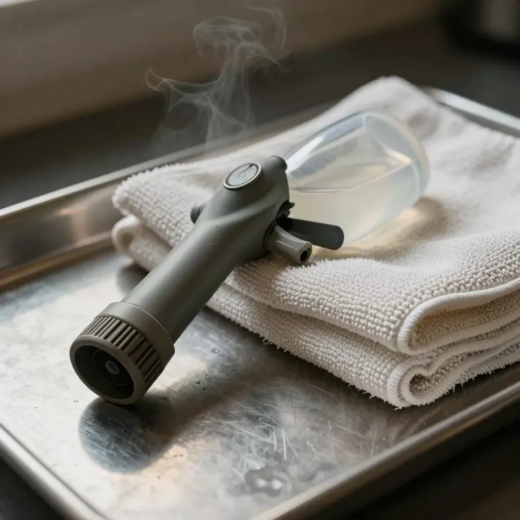 Spruzzatore elettrostatico, panni in microfibra e serbatoio disinfettante su metallo spazzolato.