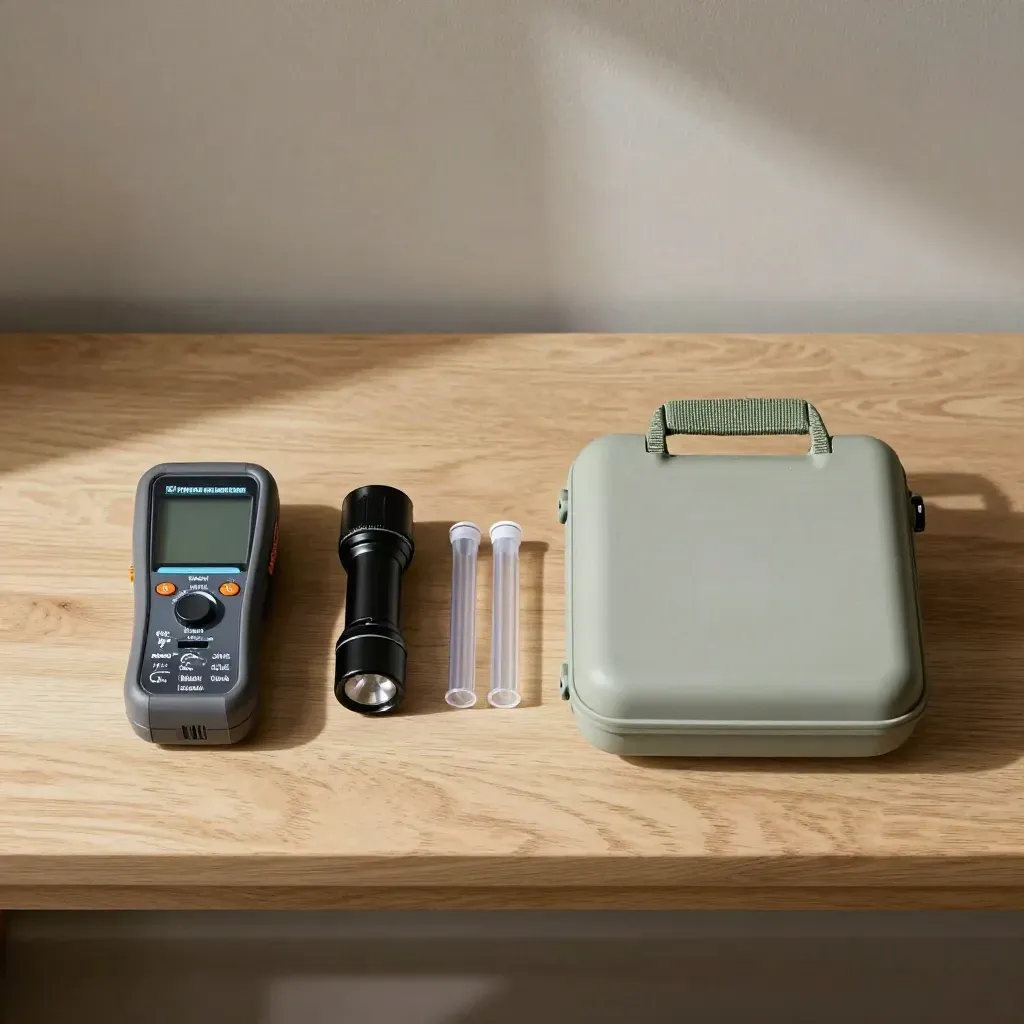Kit di sopralluogo con misuratore, torcia, provette e valigetta su legno chiaro.