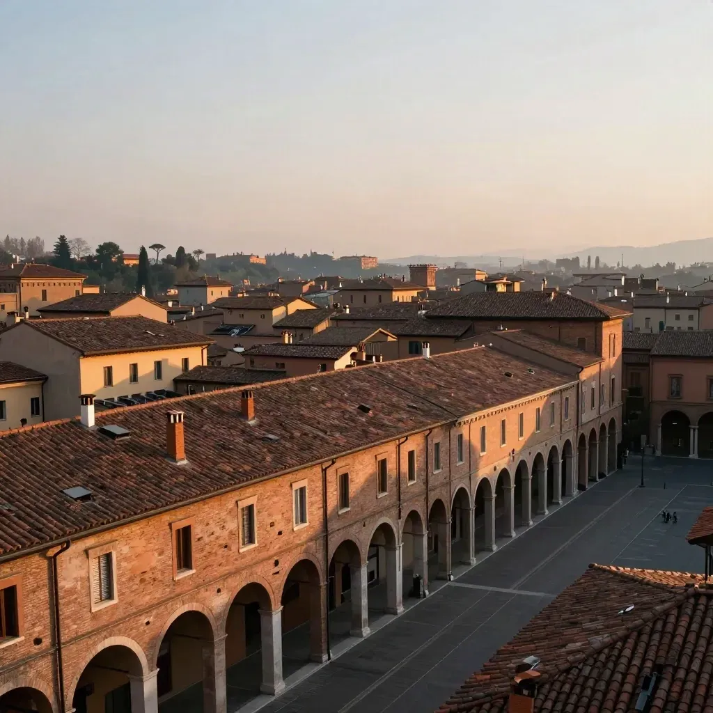 Tetti in cotto e portici di Bologna nel crepuscolo, con spazio calmo per il titolo.