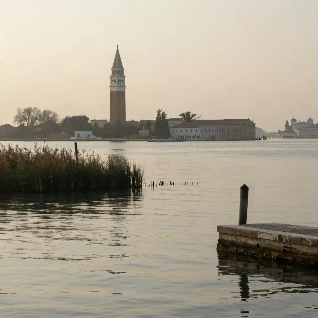 Campanile nella laguna veneta al tramonto, acqua immobile e nebbia salmastra